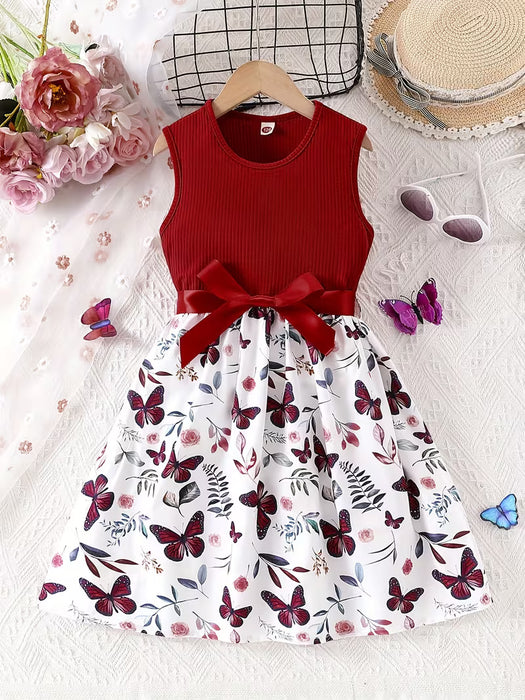 Vestido para niñas con estampado floral de patchwork dulce, sin mangas