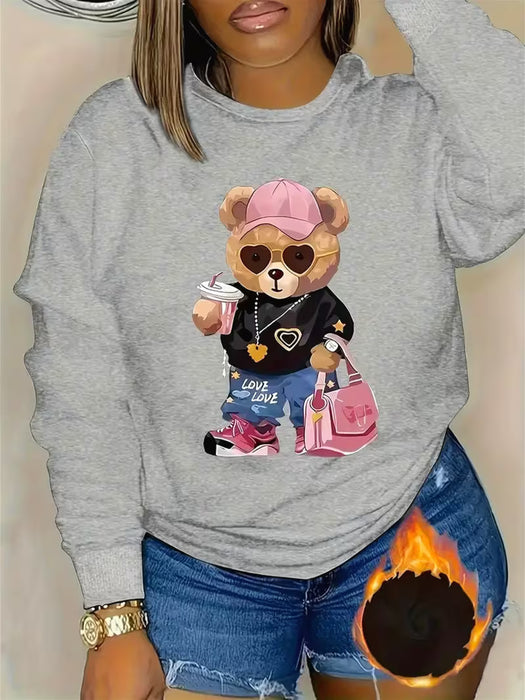 Suéter casual de mujer, jersey de manga larga con estampado de oso