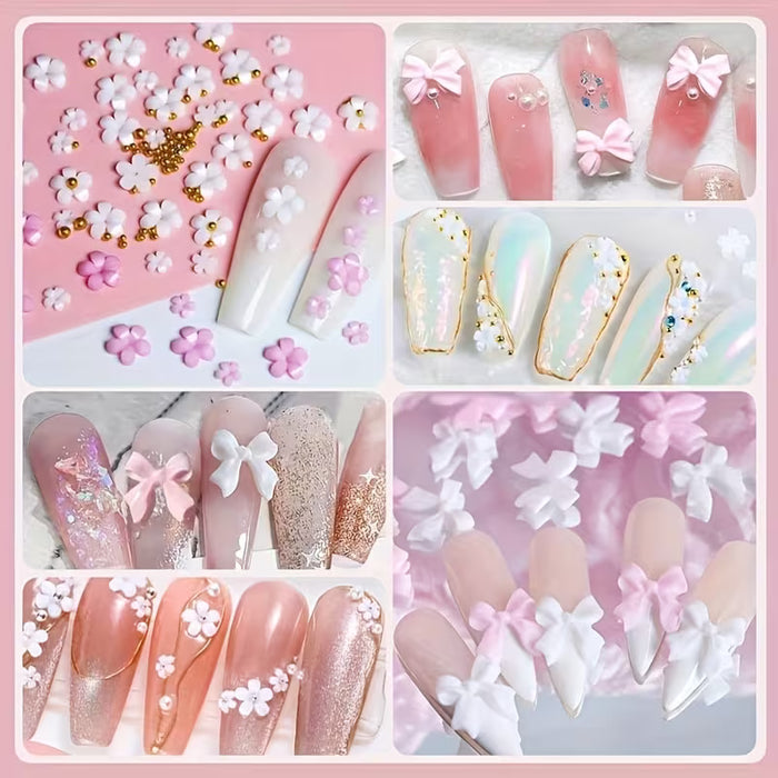 SHEIN Kit de Decoraciones para Uñas con Lazo Floral 3D, con Acentos Rosados y Blancos
