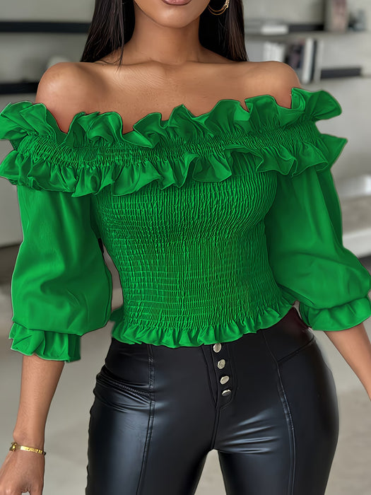 Blusa De Color Sólido Con Volantes, Hombros Descubiertos y mangas abullonadas