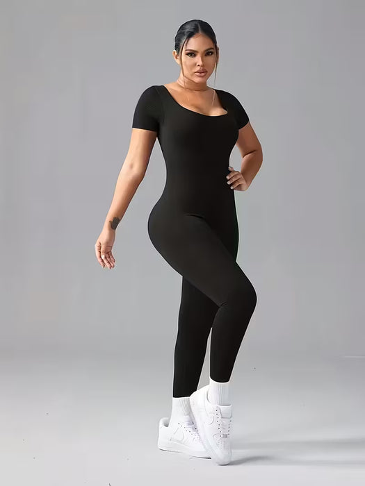 Mono de moda para mujer de color liso, con ajuste en la cintura, manga corta