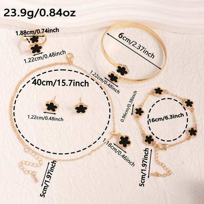 Juego de 5 Piezas de Joyería para Mujer: Collar + Aretes + Anillo + Pulsera + Brazalete con Diseño Clásico de Flor de la Suerte