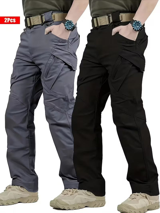 2 pantalones cargo tácticos para hombre, diseño de múltiples bolsillos, color liso, cintura elástica