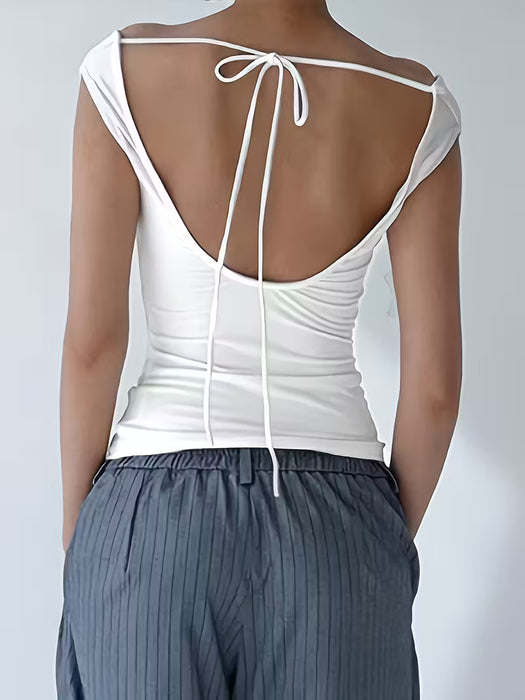 Camiseta sin hombros para mujer con volantes - Ajuste ceñido, color sólido