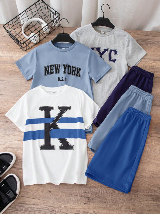 SHEIN Conjunto de 6 piezas para niño preadolescente: camiseta de cuello redondo y pantalones cortos.