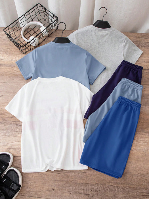 SHEIN Conjunto de 6 piezas para niño preadolescente: camiseta de cuello redondo y pantalones cortos.