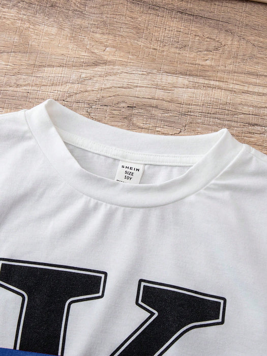 SHEIN Conjunto de 6 piezas para niño preadolescente: camiseta de cuello redondo y pantalones cortos.