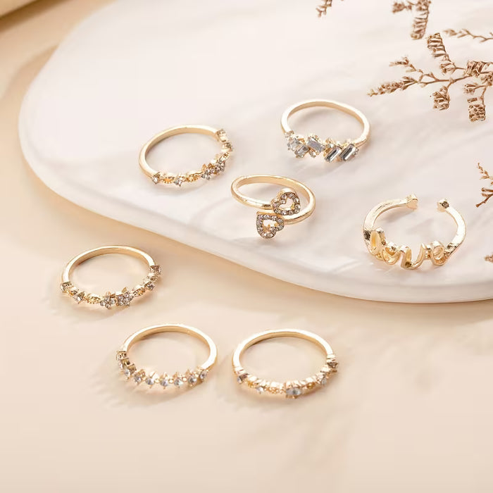 7 Piezas Nueva Colección de Verano: Anillos Estilosos con Corazón y Letras LOVE Floral