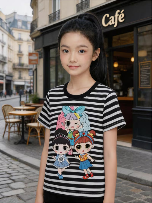 Camiseta para niñas con estampado de patrón de niña linda a rayas blancas y negras