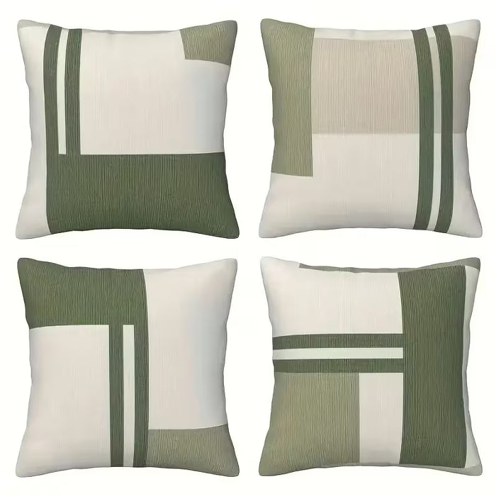 Juego de 4 Fundas de Almohada con Estampado Geométrico Bohemio - Verde y Beige