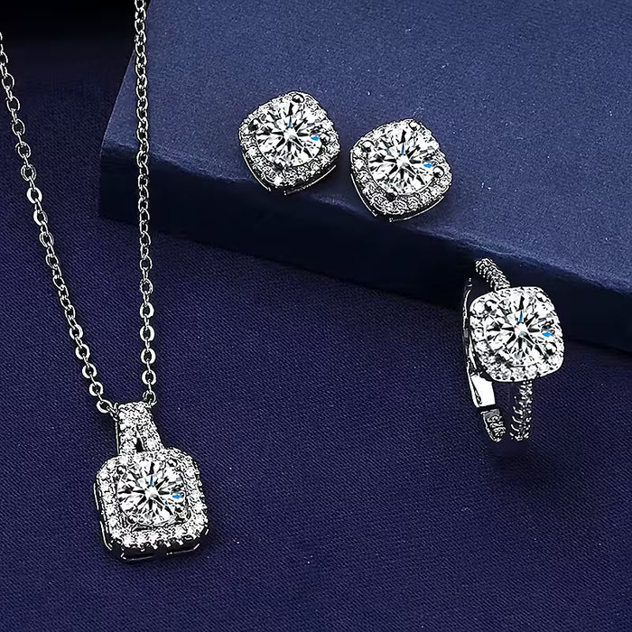 Conjunto de collar con colgante cuadrado elegante y aretes con anillo abierto para mujer, 4pcs