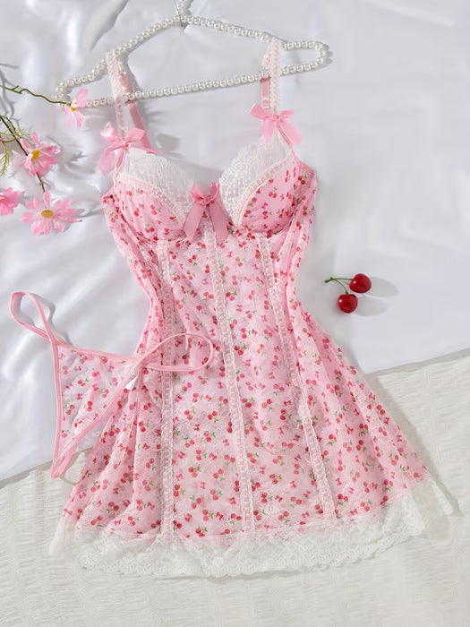 Pijama para Mujer, Estampado de Cerezas Rosas con Encaje Contrastante