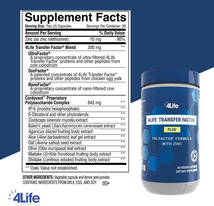 4Life Transfer Factor Plus con Zinc - Suplemento inmunológico 60 cápsulas