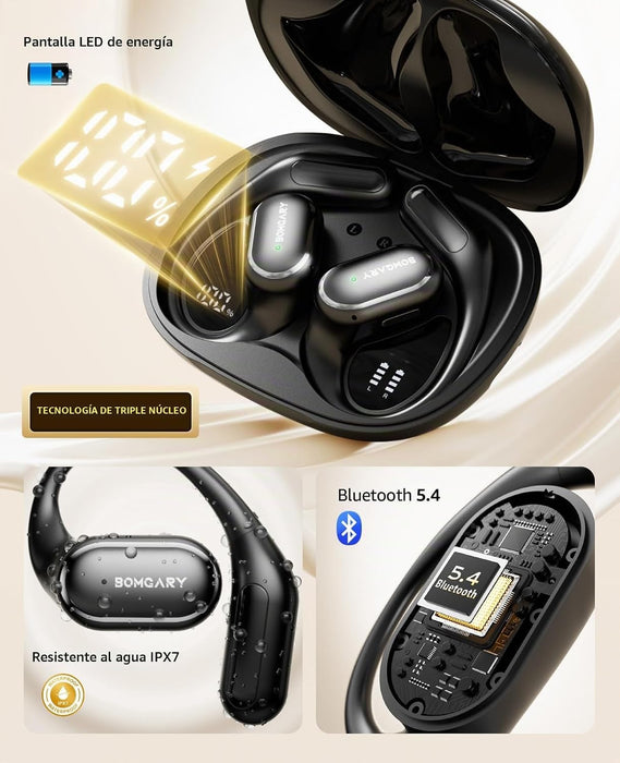BOMGARY Auriculares inalámbricos Bluetooth de oreja abierta Ipx7 Para Deportistas Con Led