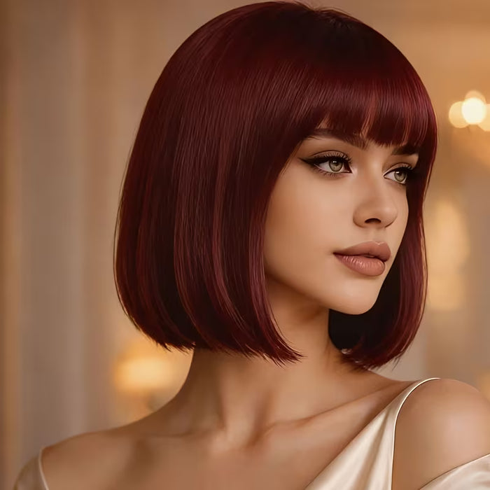 Peluca de mujer de pelo liso color burdeos corte bob pulgadas con flequillo