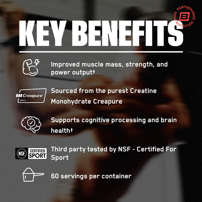 BARE PERFORMANCE NUTRITION, Polvo de Monohidrato de Creatina Pura BPN de Creapure 60 Porciones