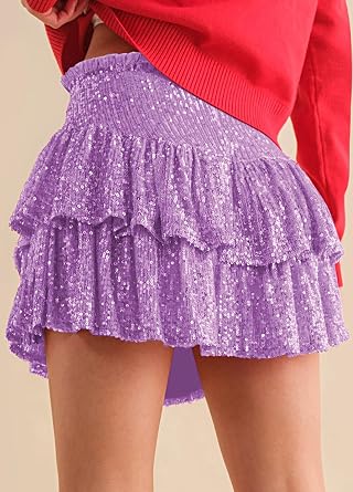 Minifalda de lentejuelas brillantes para mujer, cintura alta, acampanada.