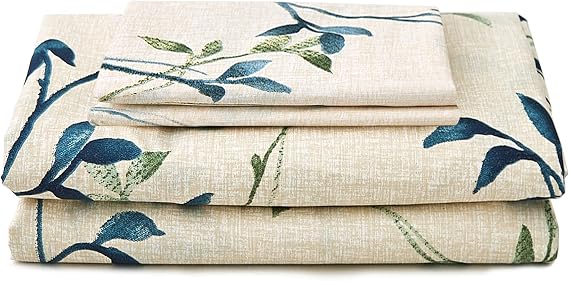 Juego de sábanas JSD Beige Leaves Print tamaño matrimonial, 4 piezas, sábanas suaves de microfibra