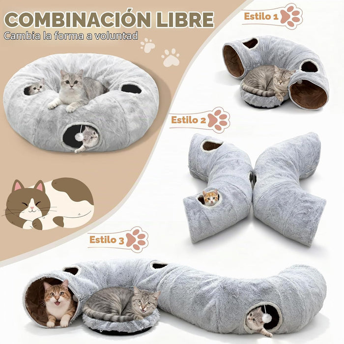 Túneles de gato de 4 agujeros para gatos de interior de felpa en forma de dona color gris