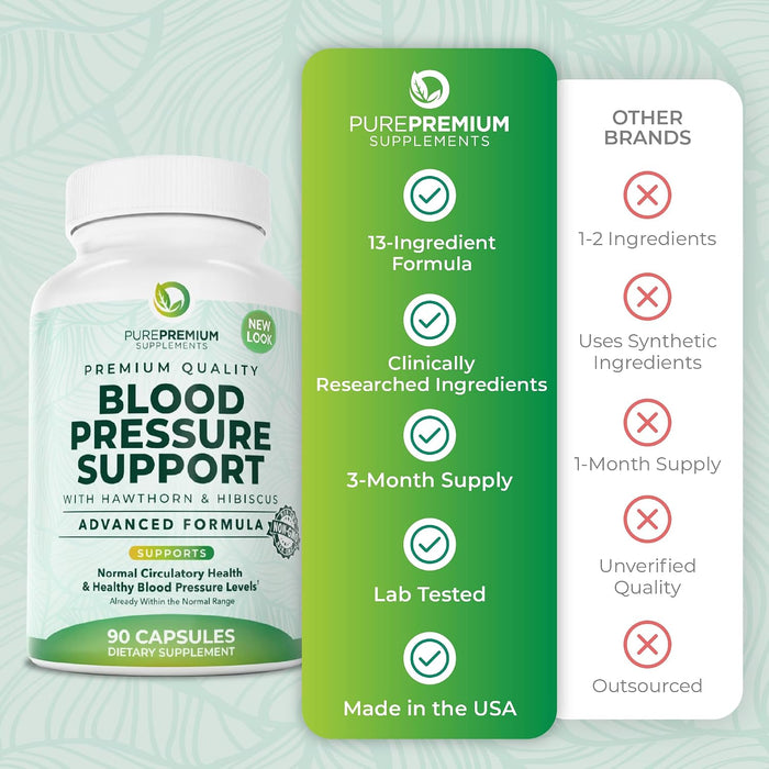 PurePremium Suplementos para la presión arterial con baya de espino, hibisco, ajo y vitamina B12, 90 cápsulas