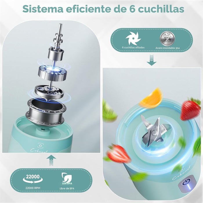 Licuadora portátil COKUNST, pequeña para batidos con tapa adicional