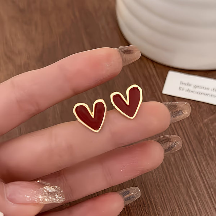 1 Par de Pendientes de Botón Elegantes con Corazón Rojo para Mujeres