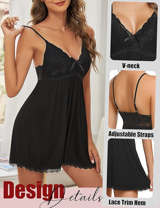 Avidlove - Camisón nocturno sexy para mujer, con encaje, estilo chemise, cuello en V