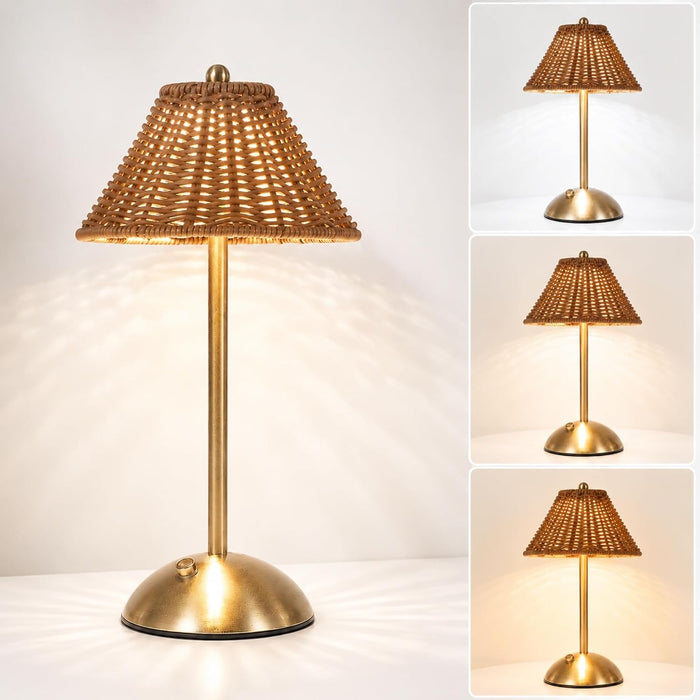 Lámpara de ratán boho inalámbrica, luz de lectura táctil recargable LED
