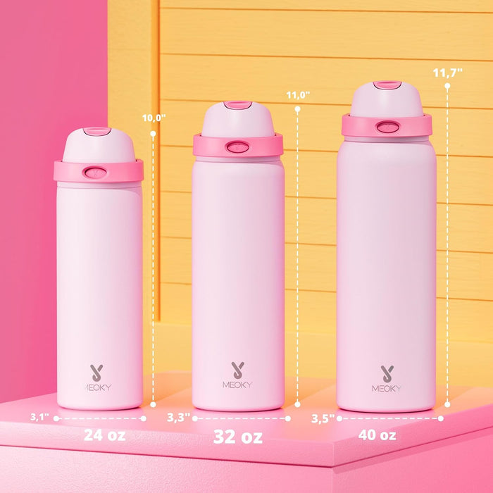 Meoky Botella de agua de acero inoxidable con pajita 2 en 1 y tapa con pico de 24 onzas