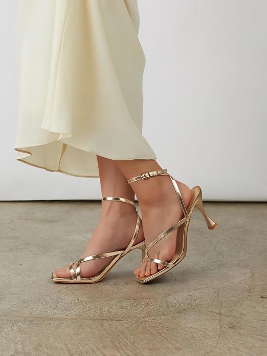 LOOPCHARM Sandalias de tacón con tiras para mujer con punta cuadrada, correa de tobillo