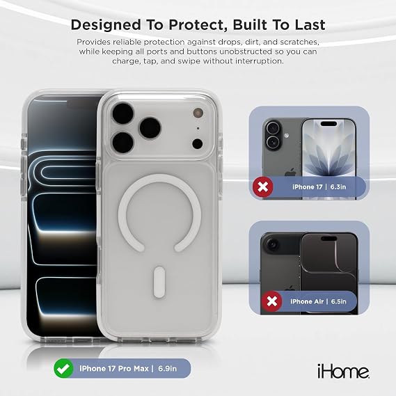iHome MagSafe Funda para iPhone, resistente a golpes para iPhone (transparente, iPhone 17 Pro)