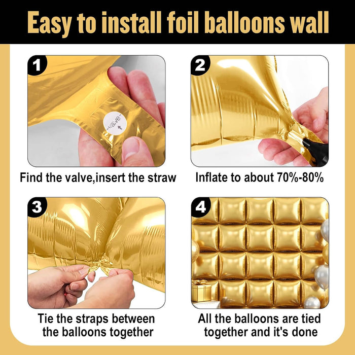 36 globos cuadrados de papel de aluminio dorado champán, telón de fondo de pared