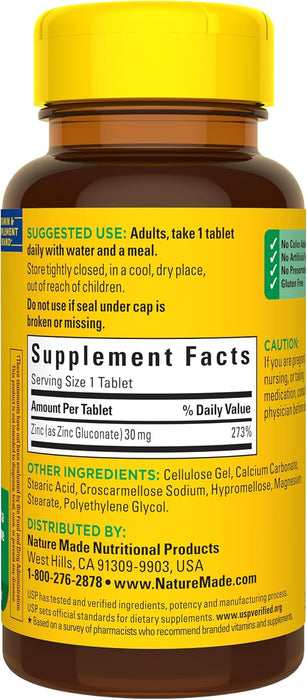 Nature Made Zinc 30 mg suplemento para hombres y mujeres