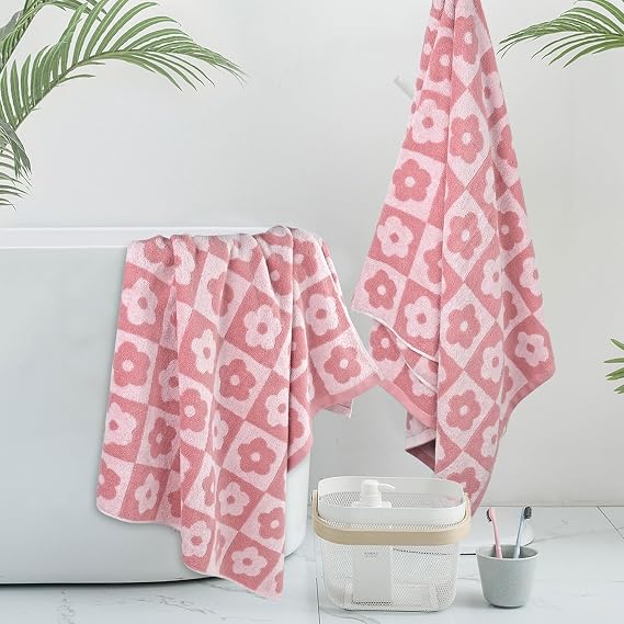 Toallas de baño de lujo de 2 piezas con estampado floral a cuadros, toallas rosas para mujeres y niñas.