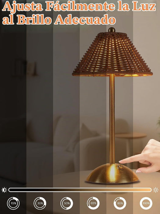 Lámpara de ratán boho inalámbrica, luz de lectura táctil recargable LED