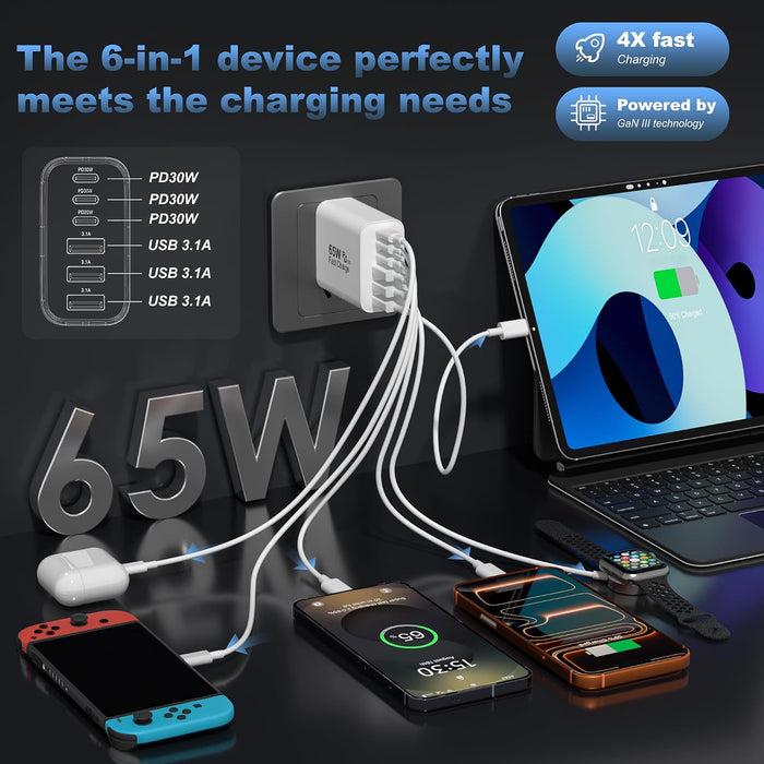 Bloque de cargador USB C, adaptador de pared PD QC cargador rápido de 65 W
