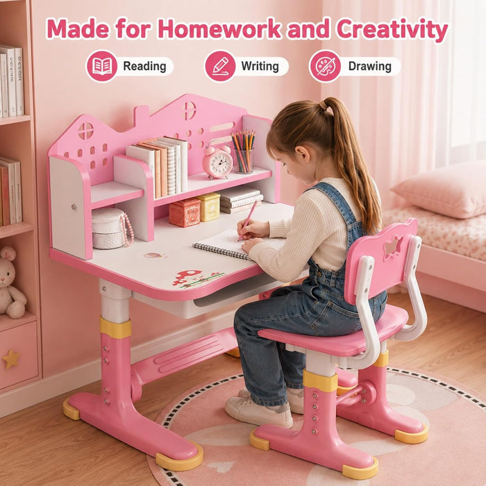 Escritorio para niños, conjunto de escritorio y silla para niños con altura ajustable para niñas