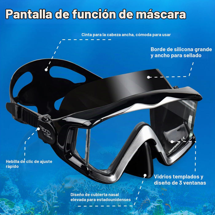 Máscara de buceo Pano 3 para adultos, esnórquel de vidrio templado, natación antivaho sin fugas