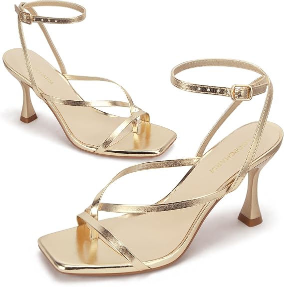 LOOPCHARM Sandalias de tacón con tiras para mujer con punta cuadrada, correa de tobillo