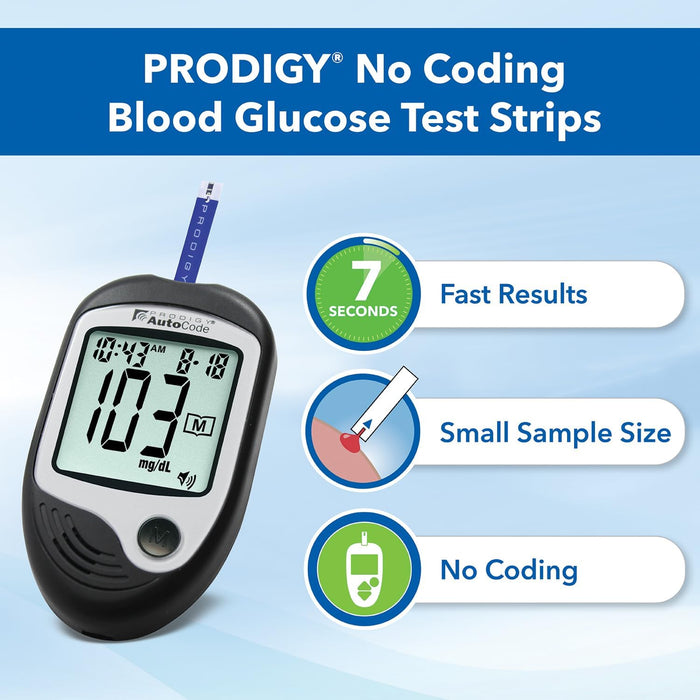 PRODIGY 10400 Tiras de prueba de glucosa en sangre sin codificación para diabetes, caja de 50 tiras