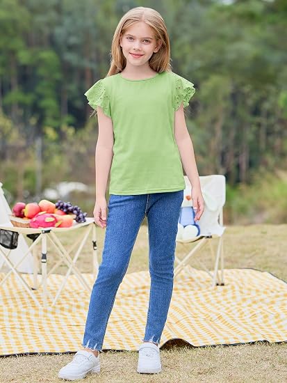 Imily Bela Camisas de manga con volantes para niñas de verano con cuello redondo y ojales