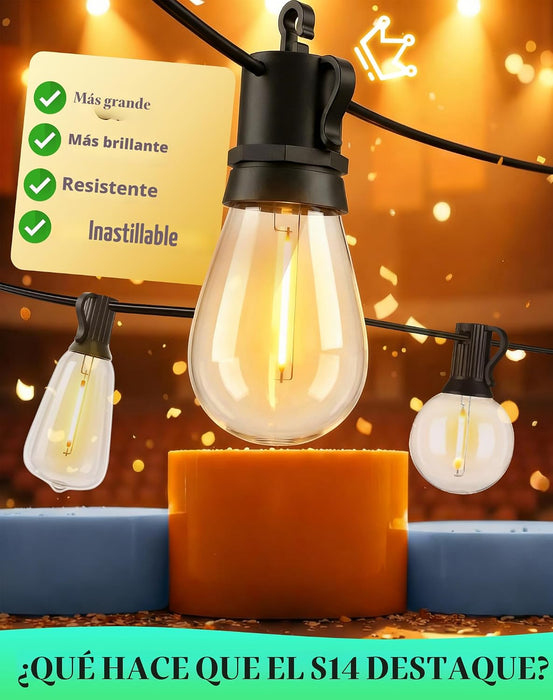 Tira de luces LED para patio al aire libre, impermeable, con control remoto, luz colgante exterior S14