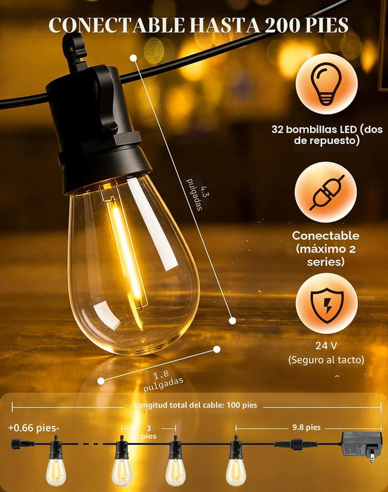 Tira de luces LED para patio al aire libre, impermeable, con control remoto, luz colgante exterior S14
