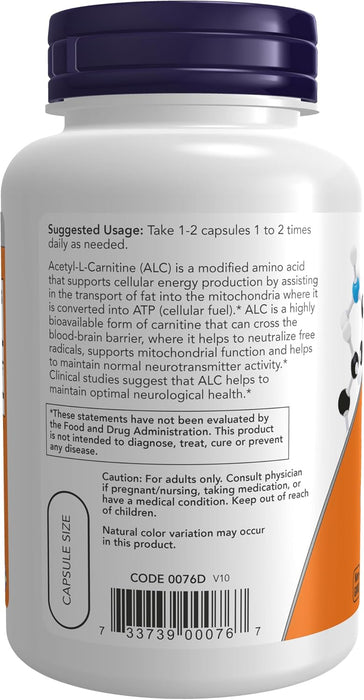 Cápsulas Now Foods Alpha de acetil l-carnitina, 0.01 onzas
