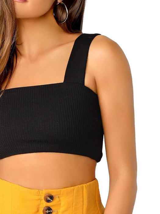 SHEIN Camiseta sin mangas corta de punto acanalado con tirantes gruesos para mujer