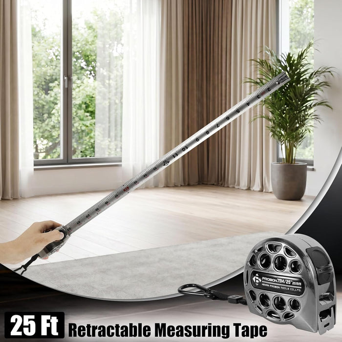 Cinta Métrica de 25 Pies/7.5M de Acero Inoxidable Retráctil con Escala de Doble Cara