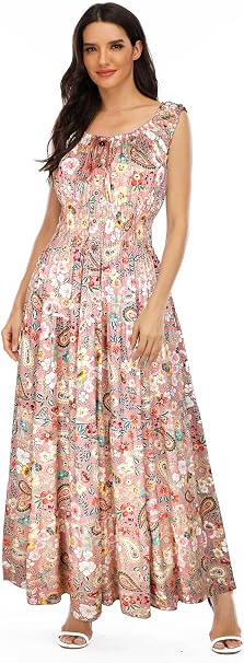OSTOO Vestido largo maxi informal de estilo bohemio con estampado floral y volantes para mujer