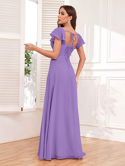 Vestido largo formal para mujer, con escote en V, mangas con volantes y abertura lateral para invitadas de boda