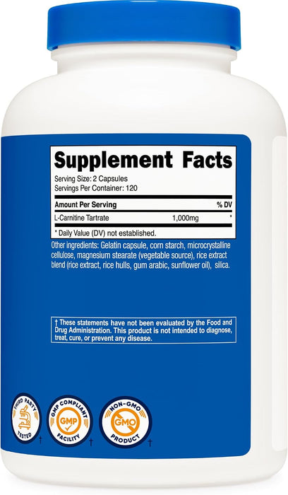 Nutricost Tartrato de L-Carnitina 1,000 mg, 240 cápsulas