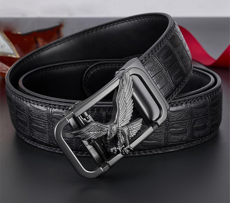 Cinturón único con patrón de águila para hombre, hebilla automática, de piel de vaca